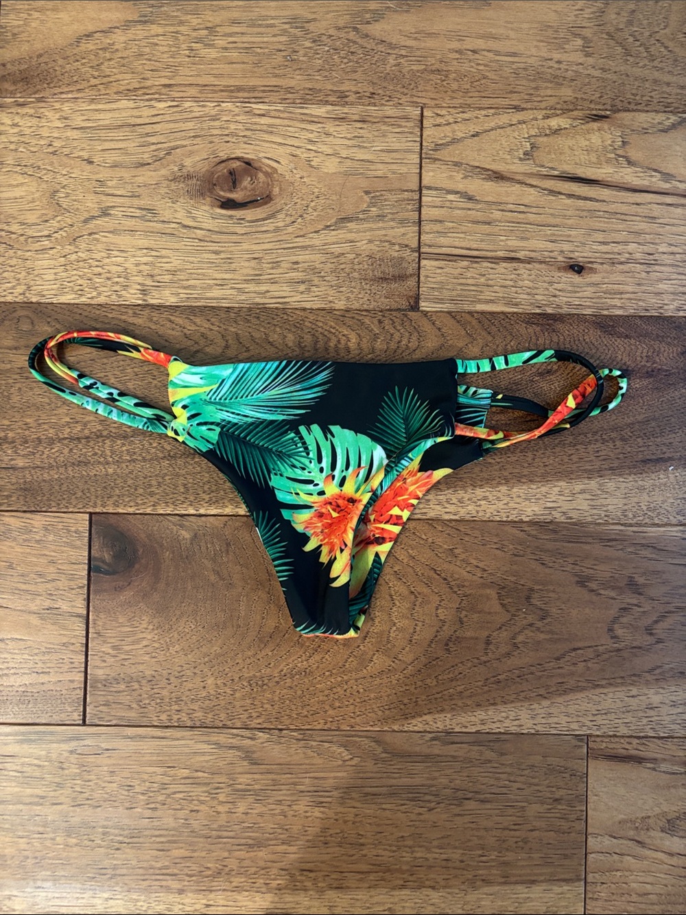 Stone Fox Swim Tropical Floral String Bikini Bottom - Black, Green & Orange
